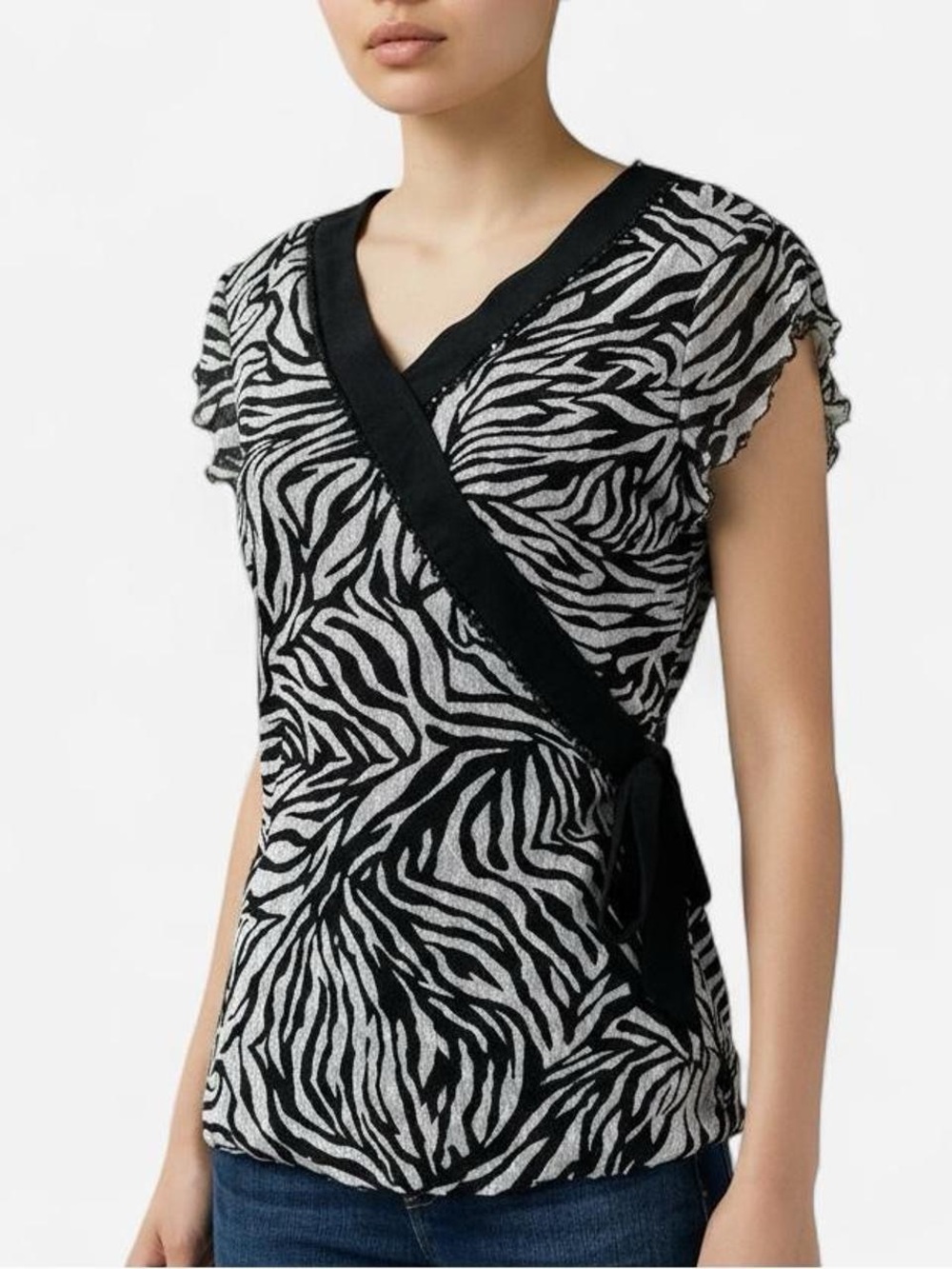 Style & Co. y2K Zebra Print Mesh Stretch Babydoll Sequin Tie Top sz M